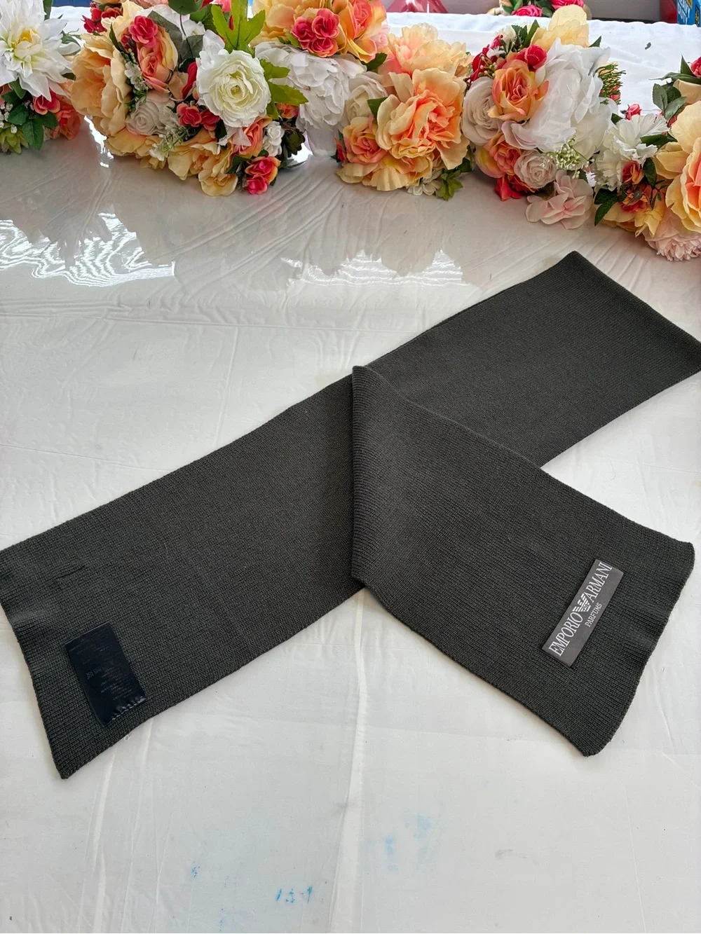 Emporio Armani Parfums Logo Knit Scarf Charcoal Gray Unisex 54in Designer